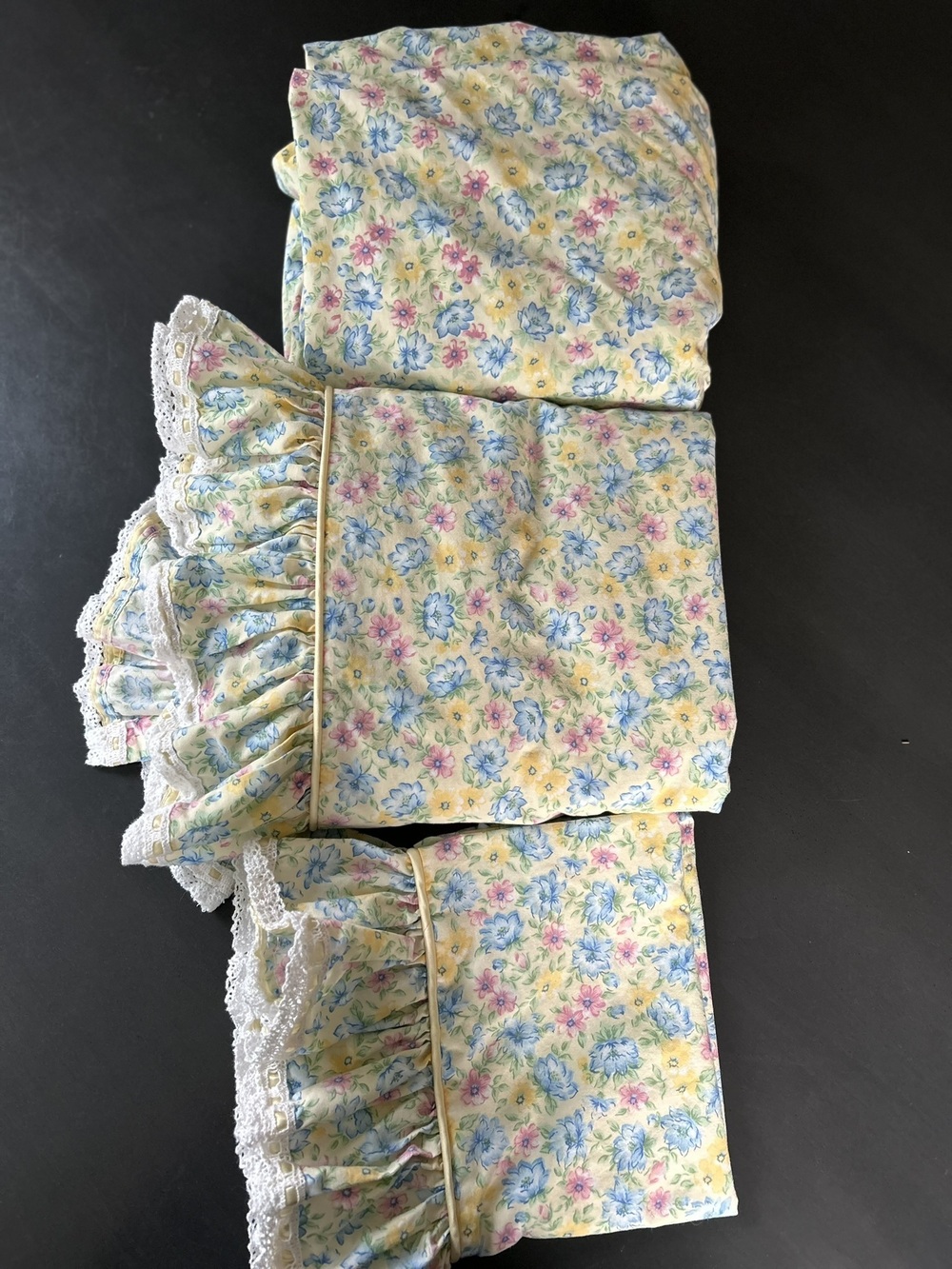 VTG 80s Dan River Flowing Ribbons Full Sheet Set Double Floral Lace 3pc